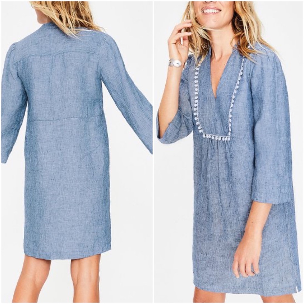 Boden Linen Evangeline Chambray Embroidered V-Neck Casual Tunic Dress.